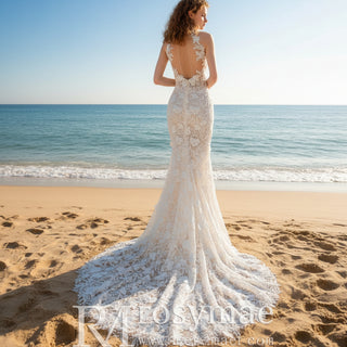 Sheer Back Halter Lace Mermaid Wedding Dress with Cape Rosymae Sheer Back Halter Lace Mermaid Wedding Dress with Cape Rosymae
