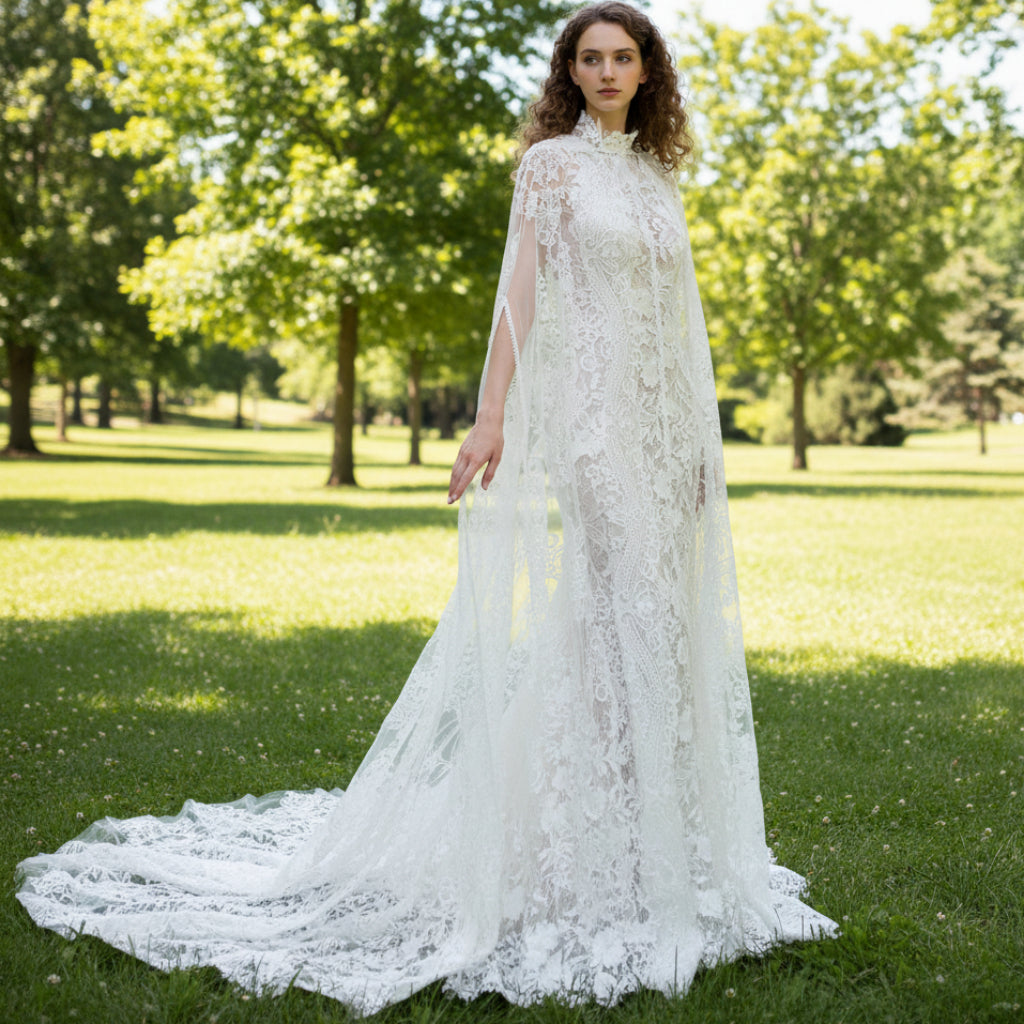 Sheer Back Halter Lace Mermaid Wedding Dress With Cape Ivory / With Cape / 16 Sheer Back Halter Lace Mermaid Wedding Dress With Cape Ivory / With Cape / 16