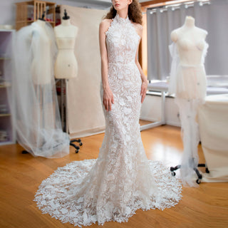 halter neck lace wedding dress