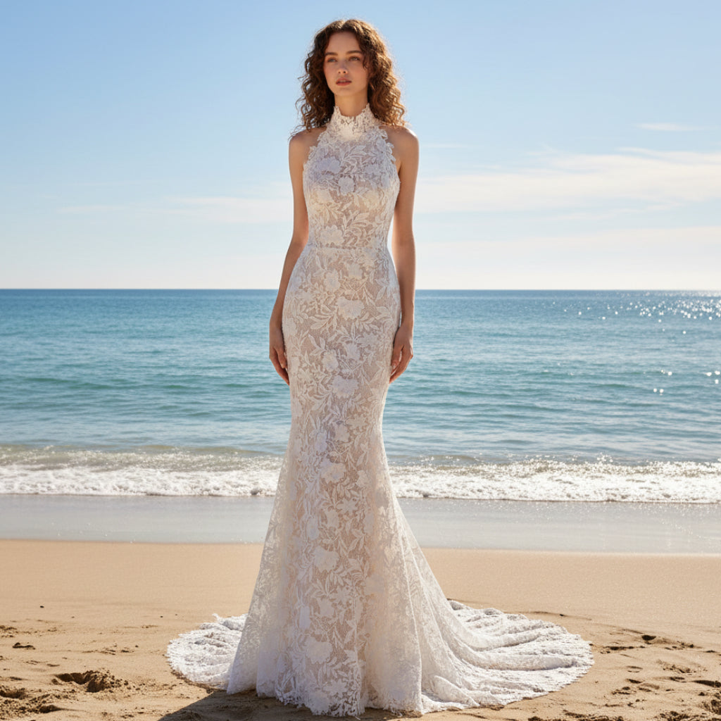 Sheer Back Halter Lace Mermaid Wedding Dress with Cape Rosymae Sheer Back Halter Lace Mermaid Wedding Dress with Cape Rosymae