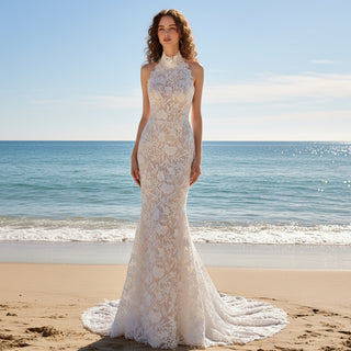 Sheer Back Halter Lace Mermaid Wedding Dress with Cape Rosymae Sheer Back Halter Lace Mermaid Wedding Dress with Cape Rosymae