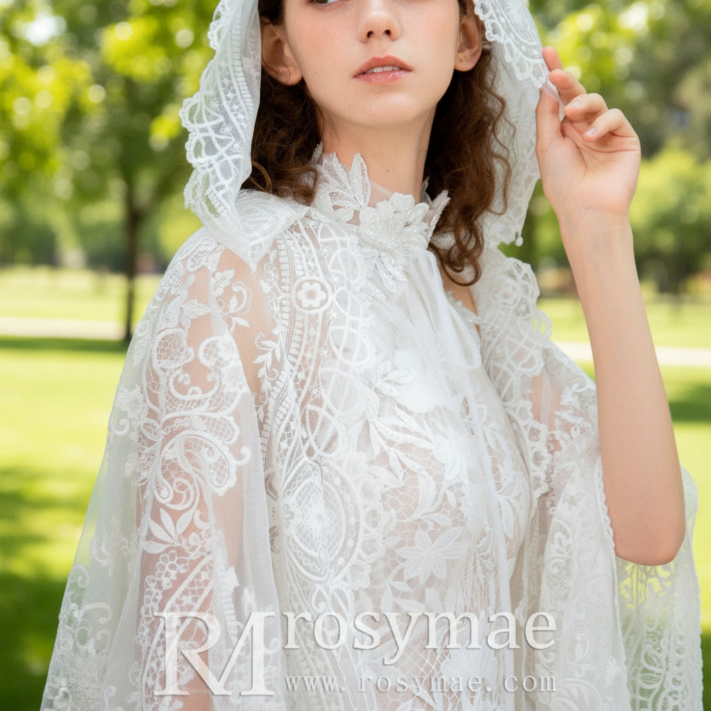 Sheer Back Halter Lace Mermaid Wedding Dress with Cape Rosymae Sheer Back Halter Lace Mermaid Wedding Dress with Cape Rosymae