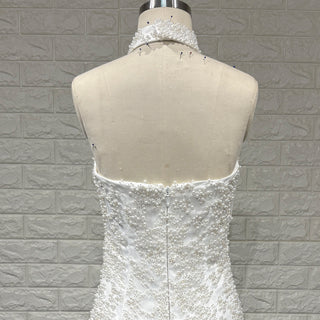 Elegant Tea Length Pearl Sparkly Mini Wedding Dress with Feather