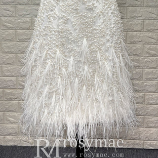 Elegant Tea Length Pearl Sparkly Mini Wedding Dress with Feather