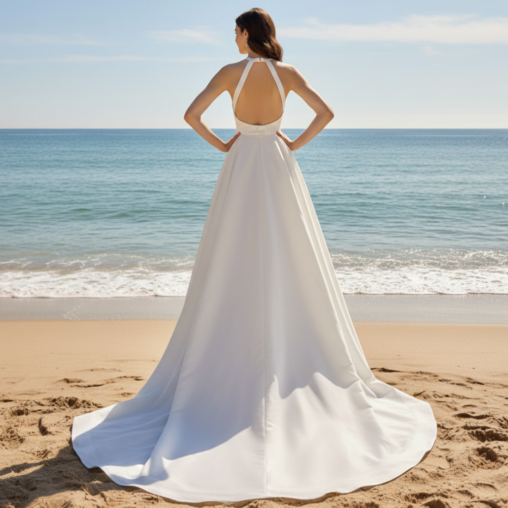 Halter High Neck Ruched Wedding Dresses with Leg Slit White / 18W Halter High Neck Ruched Wedding Dresses with Leg Slit White / 18W