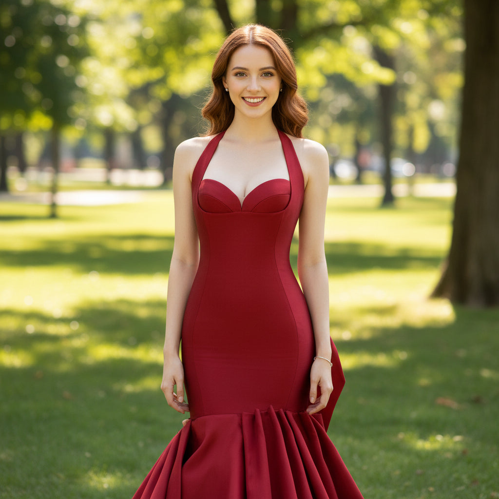 Mermaid Tight Long Halter Prom Dress with Bowknot Red / 18W Mermaid Tight Long Halter Prom Dress with Bowknot Red / 18W
