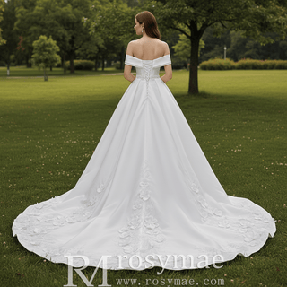 Hand-Beaded Off Shoulder Luxury Satin Wedding Dress with D Floral Appliqués - Rosymae