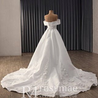 Hand-Beaded Off Shoulder Luxury Satin Wedding Dress with D Floral Appliqués - Rosymae