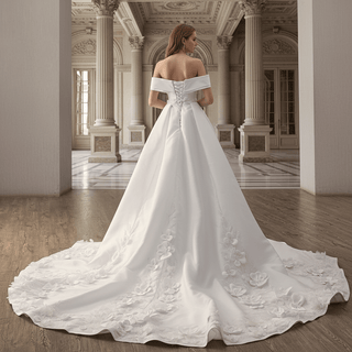 Hand-Beaded Off Shoulder Luxury Satin Wedding Dress with D Floral Appliqués - Rosymae