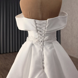 Hand-Beaded Off Shoulder Luxury Satin Wedding Dress with D Floral Appliqués - Rosymae