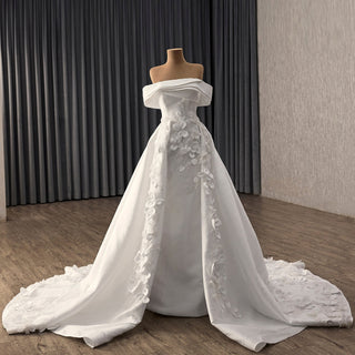 Hand-Beaded Off Shoulder Luxury Satin Wedding Dress with D Floral Appliqués - Rosymae