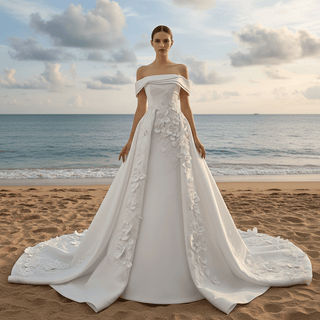 Hand-Beaded Off Shoulder Luxury Satin Wedding Dress with D Floral Appliqués - Rosymae