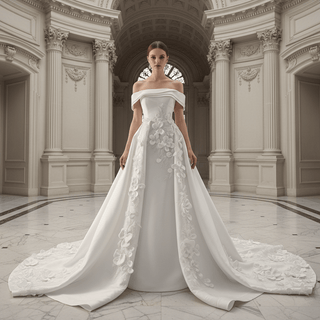 Hand-Beaded Off Shoulder Luxury Satin Wedding Dress with D Floral Appliqués - Rosymae