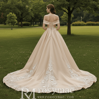 Hand-Beaded Off Shoulder Luxury Satin Wedding Dress with D Floral Appliqués - Rosymae