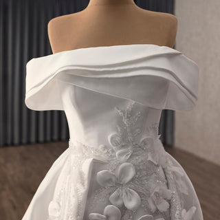 Hand-Beaded Off Shoulder Luxury Satin Wedding Dress with D Floral Appliqués - Rosymae
