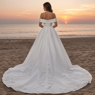 Hand-Beaded Off Shoulder Luxury Satin Wedding Dress with D Floral Appliqués - Rosymae