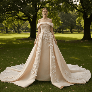 Hand-Beaded Off Shoulder Luxury Satin Wedding Dress with D Floral Appliqués - Rosymae