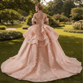 Handmade 3D Butterfly Quinceanera Dress Ball Gown with Ruffle - Rosymae