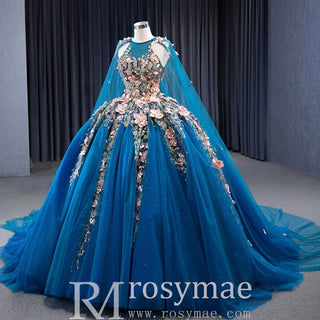 Handmade 3D Flowers Ball Gowns Puffy Quinceanera Dress with Cape - Rosymae