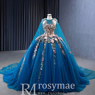 Handmade 3D Flowers Ball Gowns Puffy Quinceanera Dress with Cape - Rosymae