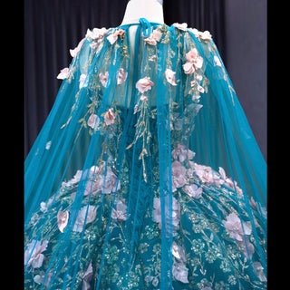 Handmade 3D Flowers Ball Gowns Puffy Quinceanera Dress with Cape - Rosymae
