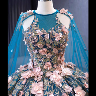 Handmade 3D Flowers Ball Gowns Puffy Quinceanera Dress with Cape - Rosymae