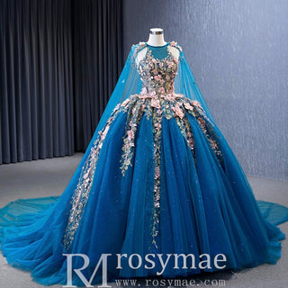 Handmade 3D Flowers Ball Gowns Puffy Quinceanera Dress with Cape - Rosymae