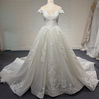 Handmade Off-the-Shoulder Floral Lace Wedding Dress with Vneck - Rosymae