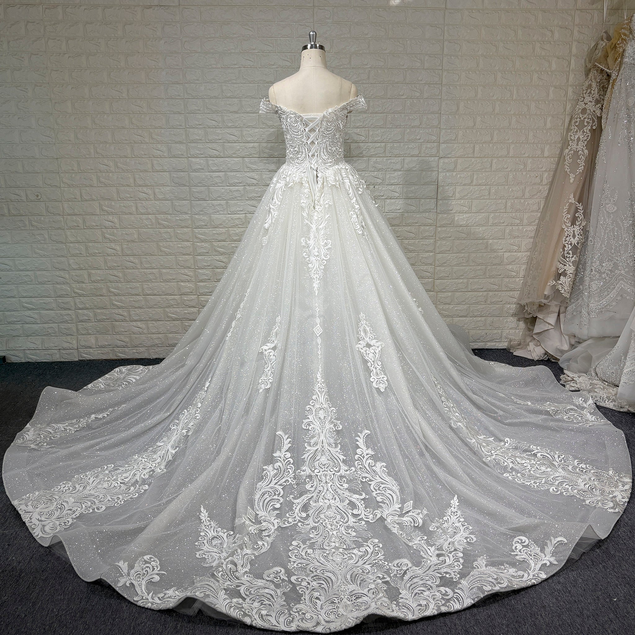 Handmade Off-the-Shoulder Floral Lace Wedding Dress with Vneck - Rosymae