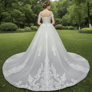 Handmade Off-the-Shoulder Floral Lace Wedding Dress with Vneck - Rosymae