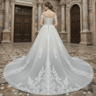 Handmade Off-the-Shoulder Floral Lace Wedding Dress with Vneck - Rosymae