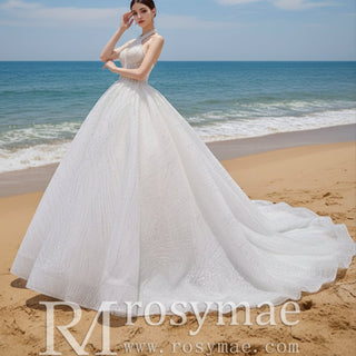 Handmade Puffy Ball Gown Sequins Wedding Dress with Detachable Skirt - Rosymae
