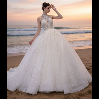 Handmade Puffy Ball Gown Sequins Wedding Dress with Detachable Skirt - Rosymae