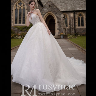 Handmade Puffy Ball Gown Sequins Wedding Dress with Detachable Skirt - Rosymae