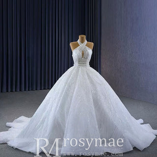Handmade Puffy Ball Gown Sequins Wedding Dress with Detachable Skirt - Rosymae