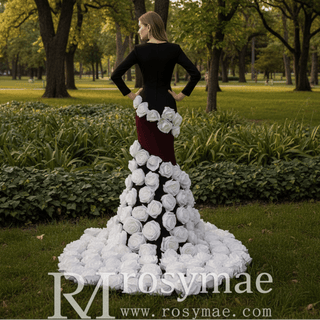 Handmade White 3D Floral Rose Mermaid Wedding Gown Formal Evening Dress - Rosymae