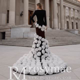 Handmade White 3D Floral Rose Mermaid Wedding Gown Formal Evening Dress - Rosymae