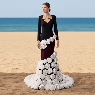 Handmade White 3D Floral Rose Mermaid Wedding Gown Formal Evening Dress - Rosymae