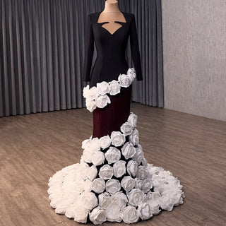 Handmade White 3D Floral Rose Mermaid Wedding Gown Formal Evening Dress - Rosymae