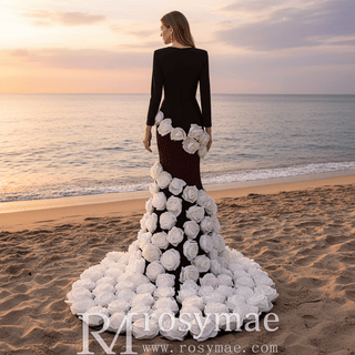 Handmade White 3D Floral Rose Mermaid Wedding Gown Formal Evening Dress - Rosymae