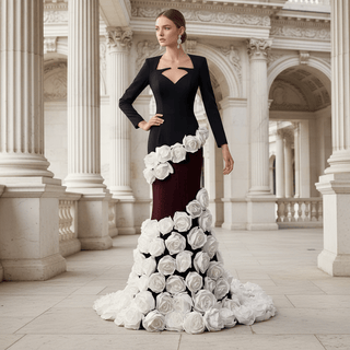 Handmade White 3D Floral Rose Mermaid Wedding Gown Formal Evening Dress - Rosymae