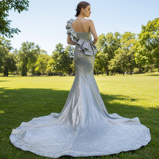 Haute Couture Silver Mermaid Prom Dress Sequin Pageant Gown - Rosymae