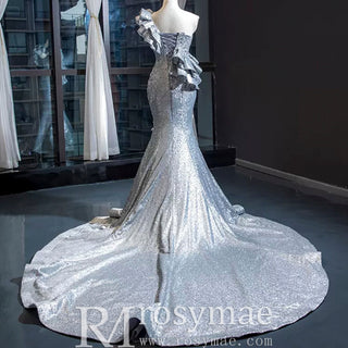 Haute Couture Silver Mermaid Prom Dress Sequin Pageant Gown - Rosymae