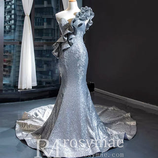 Haute Couture Silver Mermaid Prom Dress Sequin Pageant Gown - Rosymae
