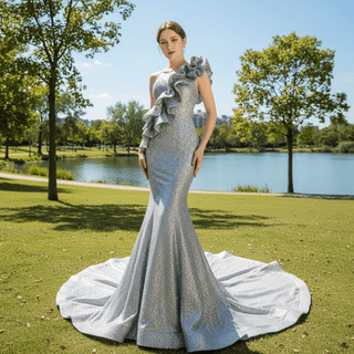 Haute Couture Silver Mermaid Prom Dress Sequin Pageant Gown - Rosymae