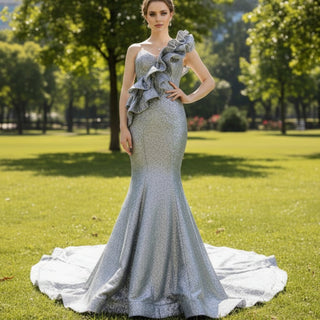 Haute Couture Silver Mermaid Prom Dress Sequin Pageant Gown - Rosymae