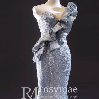 Haute Couture Silver Mermaid Prom Dress Sequin Pageant Gown - Rosymae
