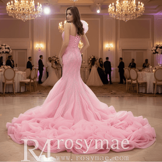 Heavily Beaded Pink Mermaid Wedding Dress with Cathedral Train and 3D Floral Detail - Rosymae