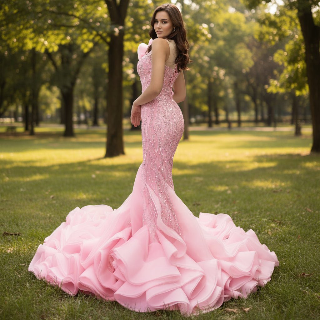 Heavily Beaded Pink Mermaid Wedding Dress with Cathedral Train and 3D Floral Detail - Rosymae