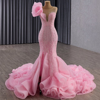 Heavily Beaded Pink Mermaid Wedding Dress with Cathedral Train and 3D Floral Detail - Rosymae